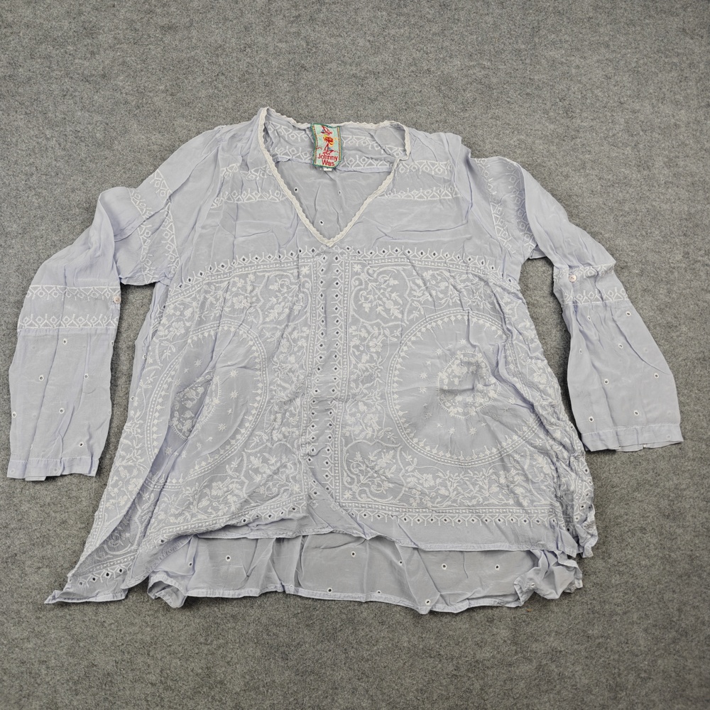 Johnny Was Blouse Womens Large Purple Rayon Tunic Embroidered V-Neck Sheer